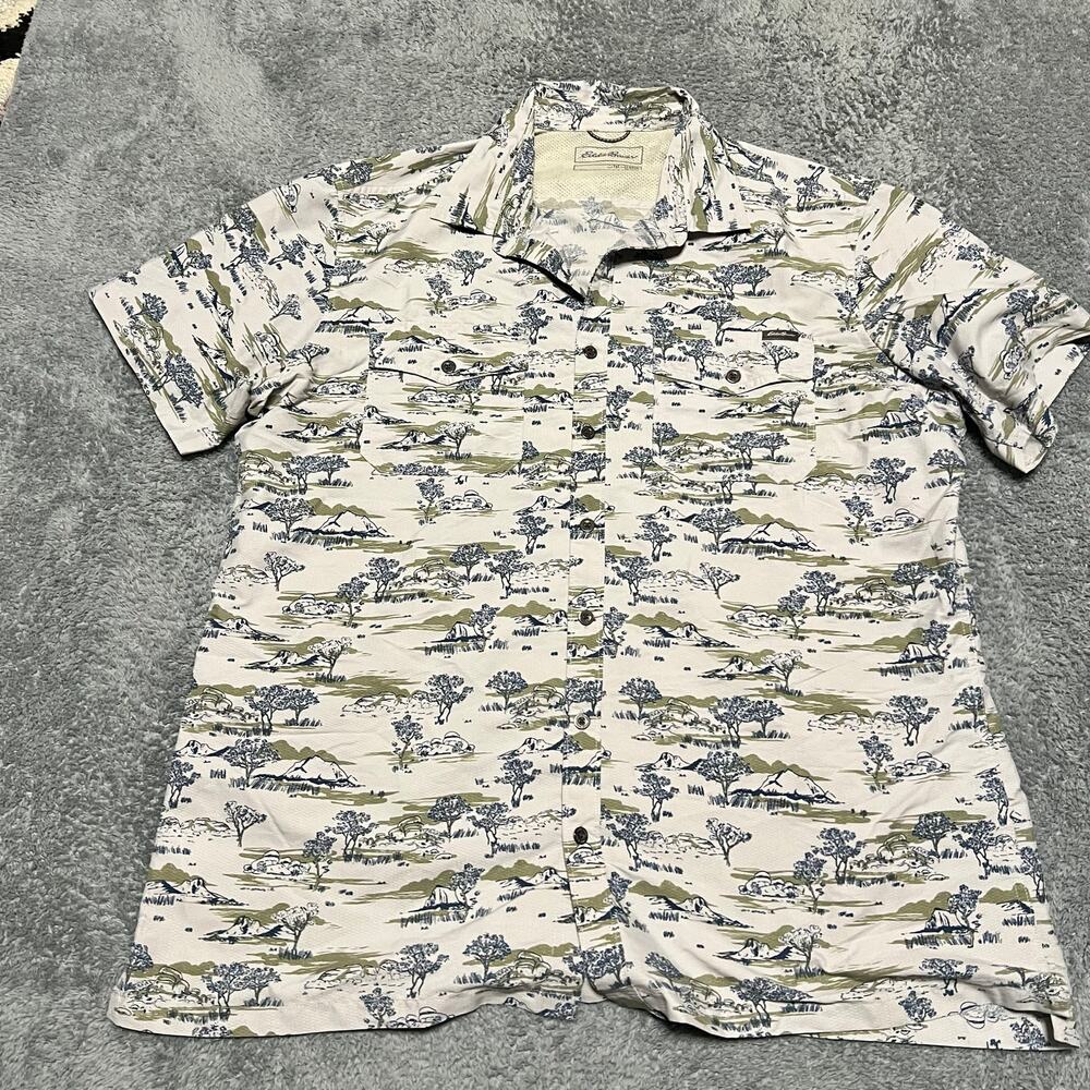 Eddie Bauer Shirt Mens XL Tall Tree Outdoor All Over Print Performance Fishing